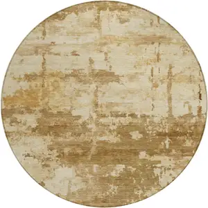 Photo of 8' Brown And Beige Round Abstract Washable Indoor Outdoor Area Rug