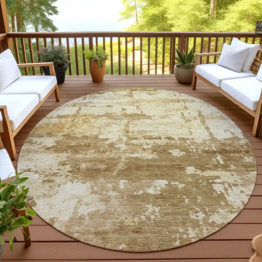 8' Brown And Beige Round Abstract Washable Indoor Outdoor Area Rug Photo 3