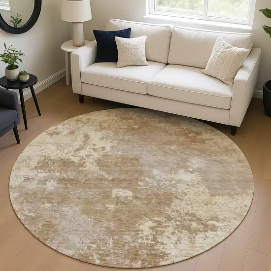 8' Brown And Beige Round Abstract Washable Indoor Outdoor Area Rug Photo 5