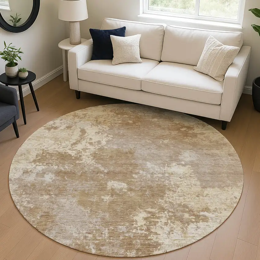 8' Brown And Beige Round Abstract Washable Indoor Outdoor Area Rug Photo 5