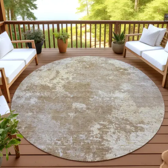 8' Brown And Beige Round Abstract Washable Indoor Outdoor Area Rug Photo 4