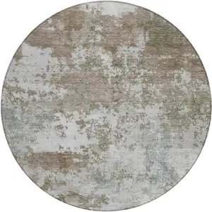Photo of 8' Brown And Beige Round Abstract Washable Indoor Outdoor Area Rug