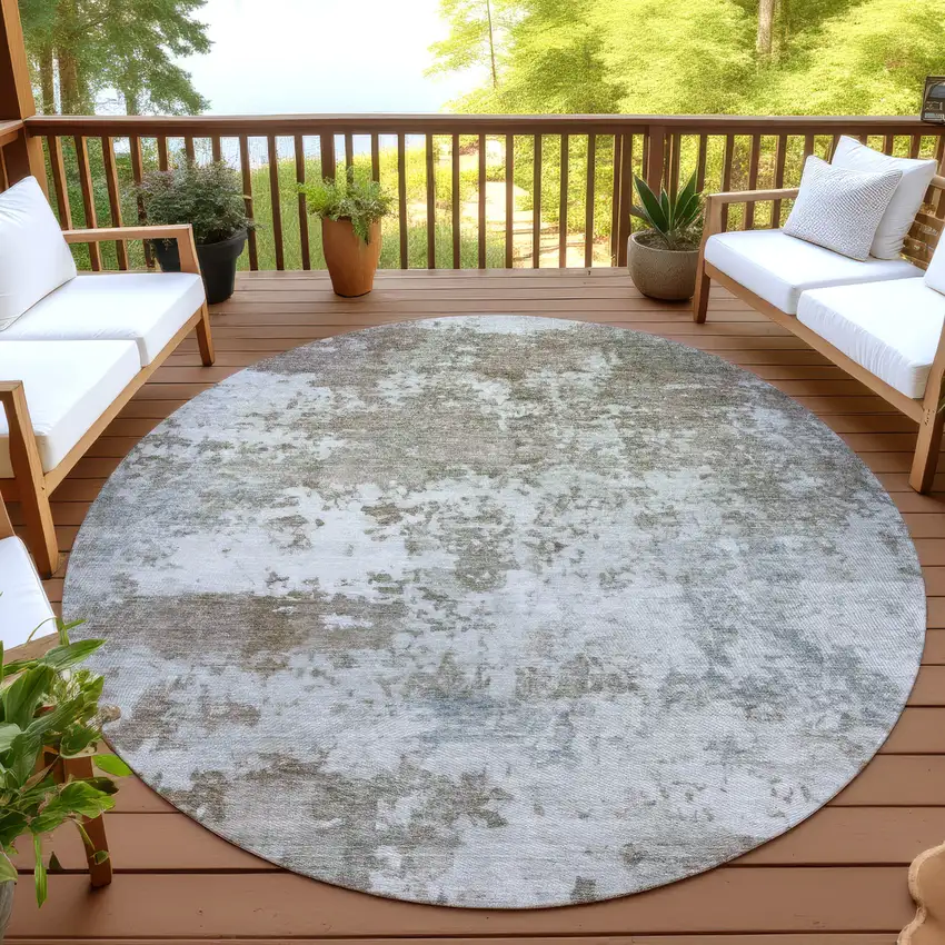8' Brown And Beige Round Abstract Washable Indoor Outdoor Area Rug Photo 3