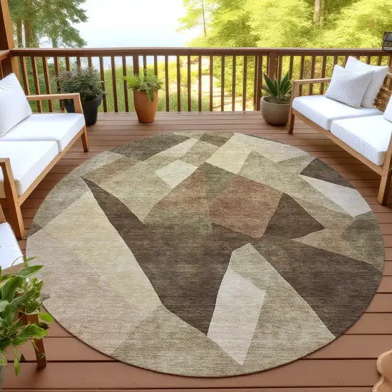 8' Brown And Beige Round Abstract Washable Indoor Outdoor Area Rug Photo 3