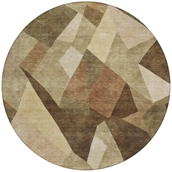 8' Brown And Beige Round Abstract Washable Indoor Outdoor Area Rug Photo 2