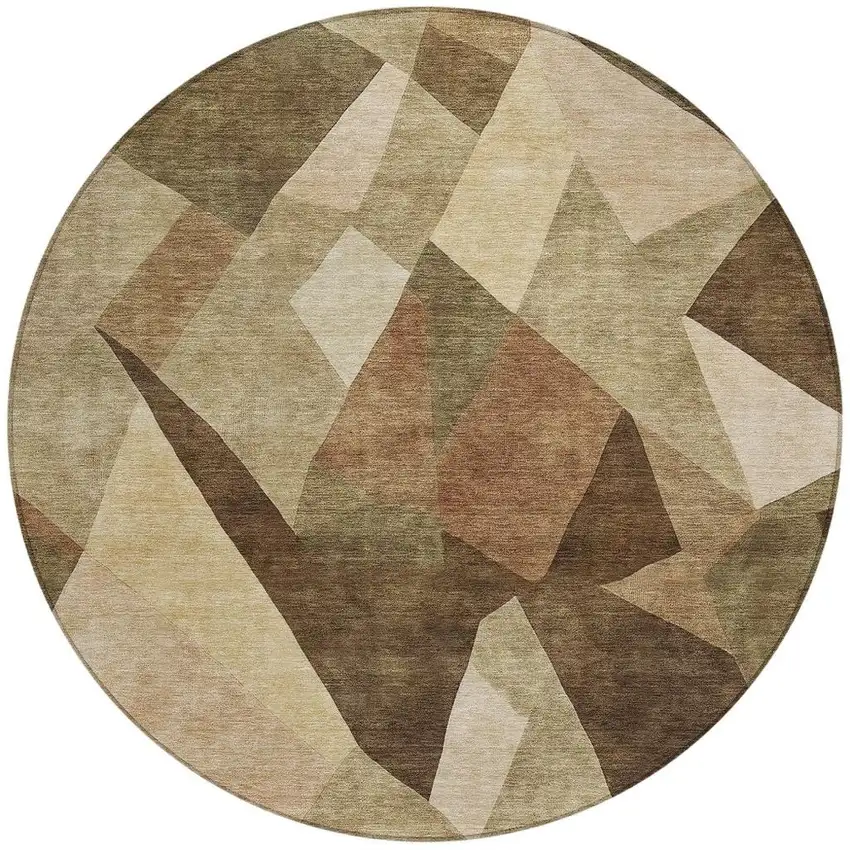 8' Brown And Beige Round Abstract Washable Indoor Outdoor Area Rug Photo 2