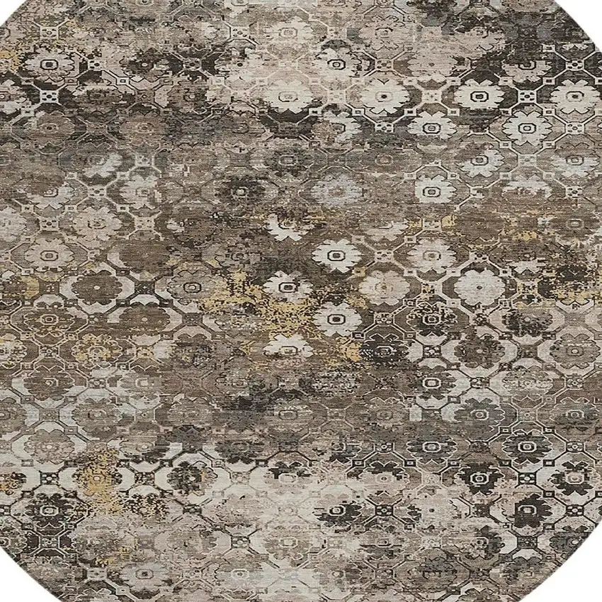 8' Brown And Beige Round Abstract Washable Indoor Outdoor Area Rug Photo 2