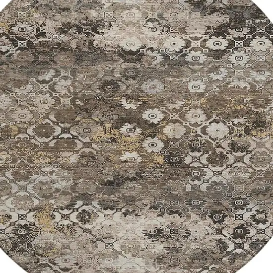 8' Brown And Beige Round Abstract Washable Indoor Outdoor Area Rug Photo 2