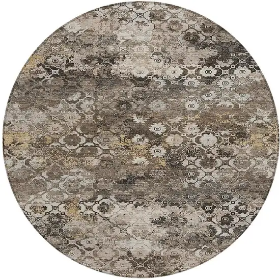 8' Brown And Beige Round Abstract Washable Indoor Outdoor Area Rug Photo 3