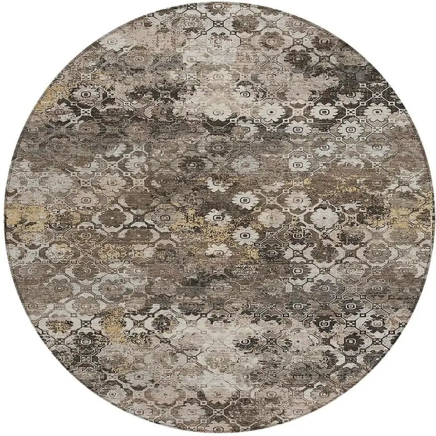 8' Brown And Beige Round Abstract Washable Indoor Outdoor Area Rug Photo 3