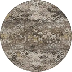 Photo of 8' Brown And Beige Round Abstract Washable Indoor Outdoor Area Rug