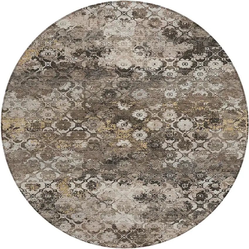 8' Brown And Beige Round Abstract Washable Indoor Outdoor Area Rug Photo 1