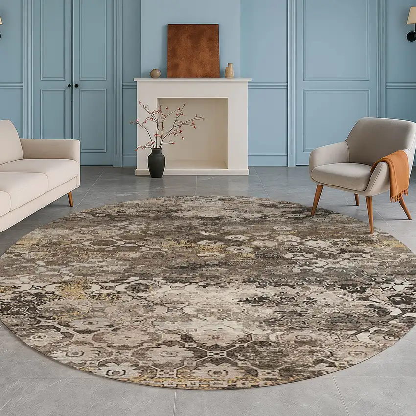 8' Brown And Beige Round Abstract Washable Indoor Outdoor Area Rug Photo 5
