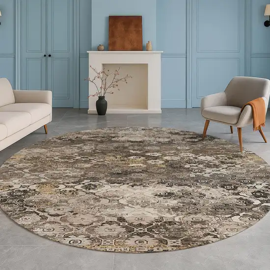 8' Brown And Beige Round Abstract Washable Indoor Outdoor Area Rug Photo 5