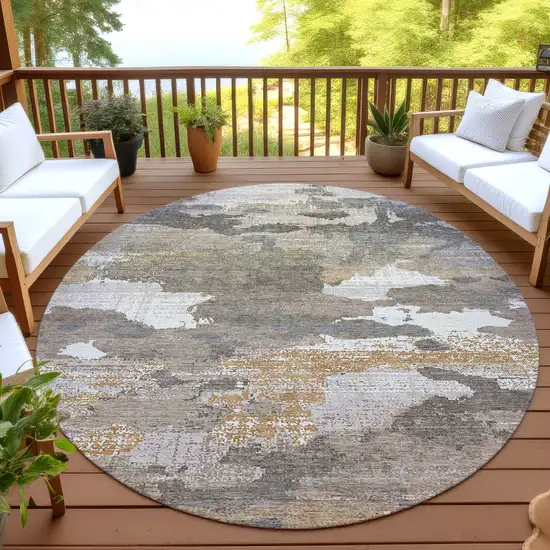 8' Brown And Beige Round Abstract Washable Indoor Outdoor Area Rug Photo 4
