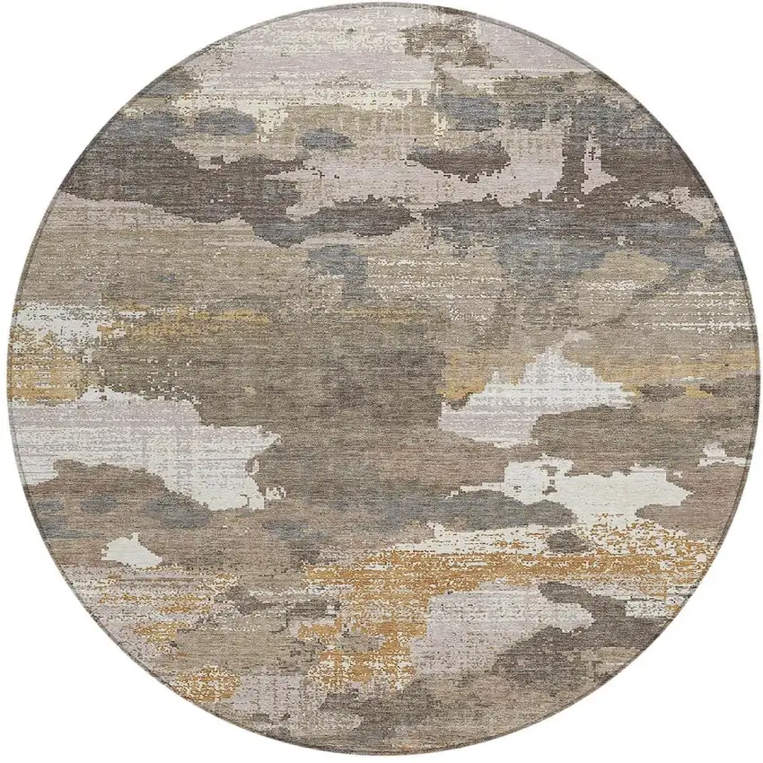 8' Brown And Beige Round Abstract Washable Indoor Outdoor Area Rug Photo 3