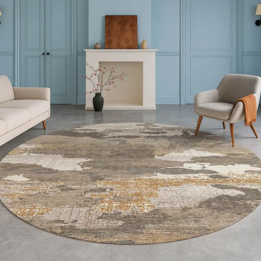 8' Brown And Beige Round Abstract Washable Indoor Outdoor Area Rug Photo 5