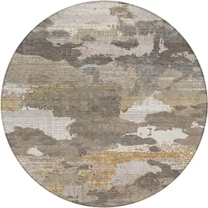 Photo of 8' Brown And Beige Round Abstract Washable Indoor Outdoor Area Rug