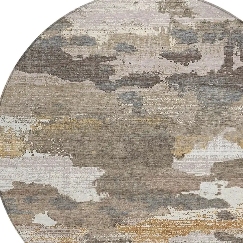 8' Brown And Beige Round Abstract Washable Indoor Outdoor Area Rug Photo 2