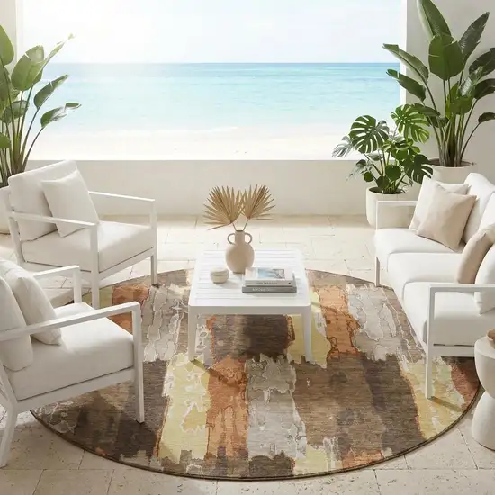 8' Brown And Beige Round Abstract Washable Indoor Outdoor Area Rug Photo 1