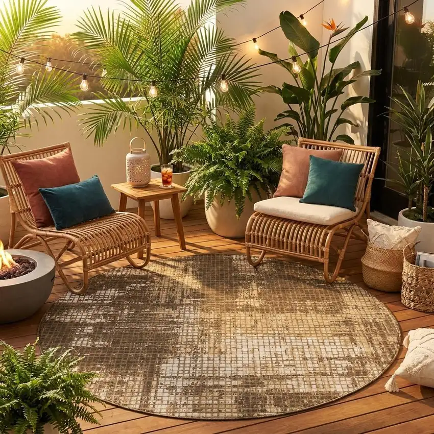 8' Brown And Beige Round Abstract Washable Indoor Outdoor Area Rug Photo 1