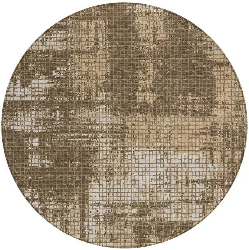 8' Brown And Beige Round Abstract Washable Indoor Outdoor Area Rug Photo 2