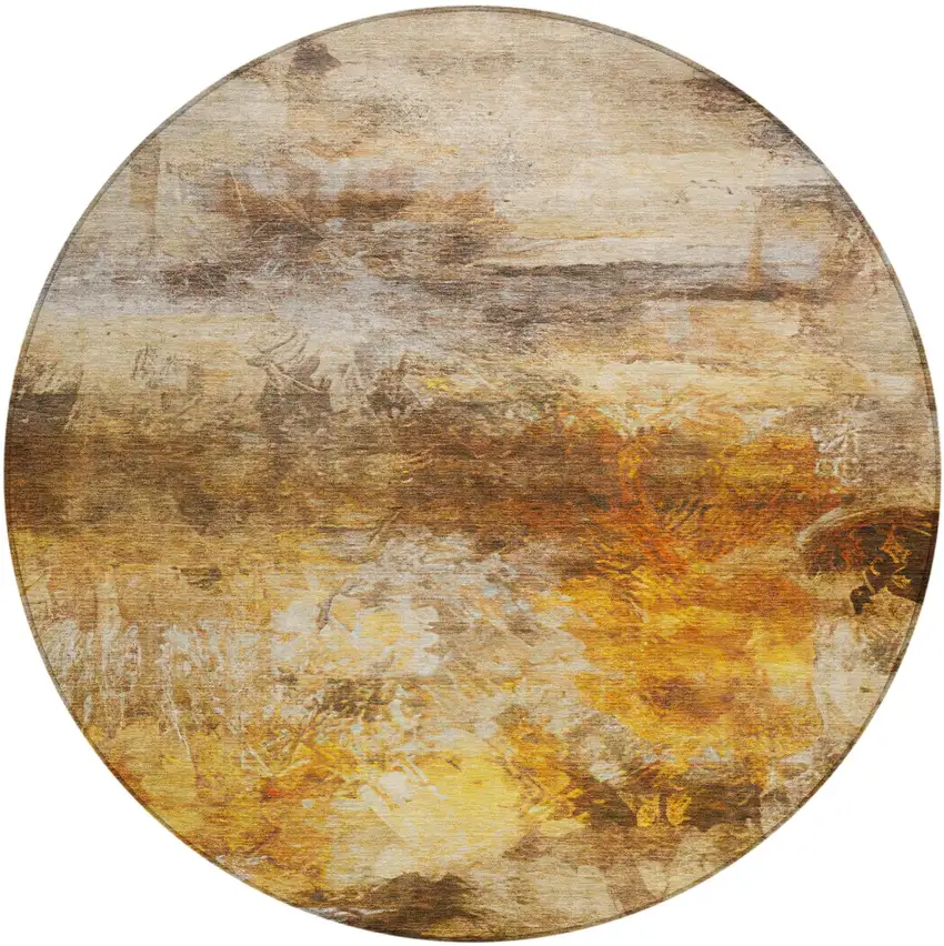 8' Brown And Beige Round Abstract Washable Indoor Outdoor Area Rug Photo 1