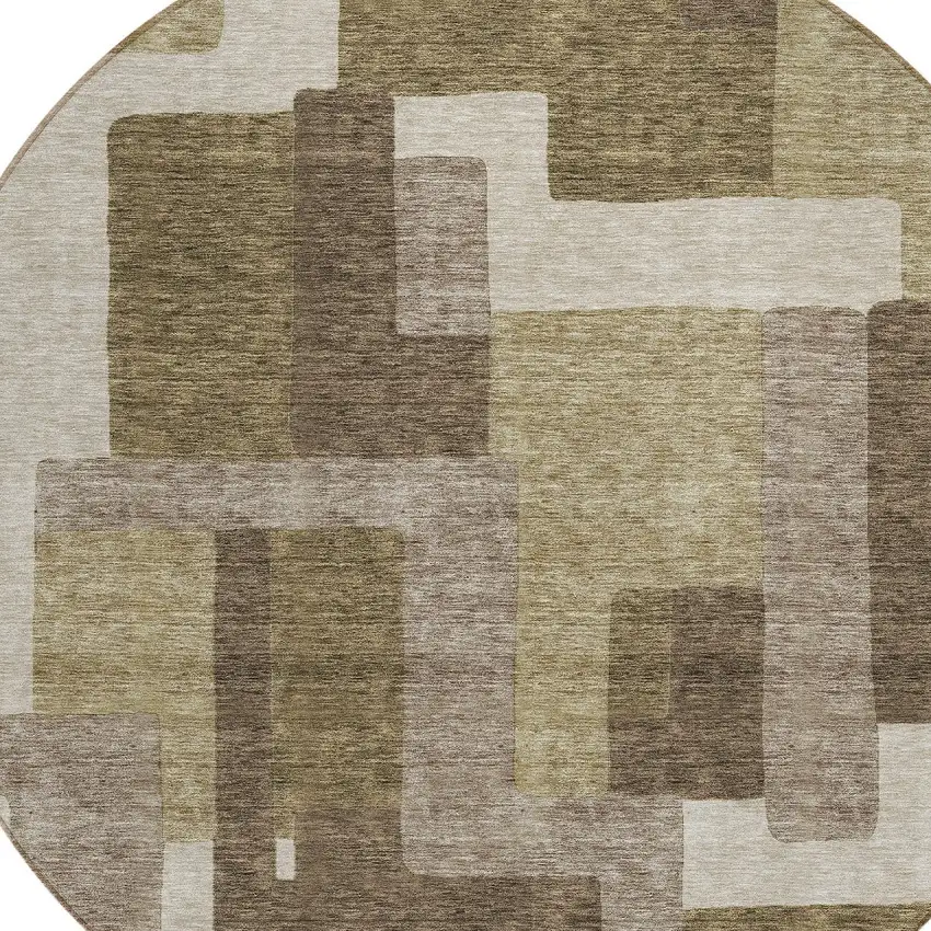 8' Brown And Beige Round Abstract Washable Indoor Outdoor Area Rug Photo 4