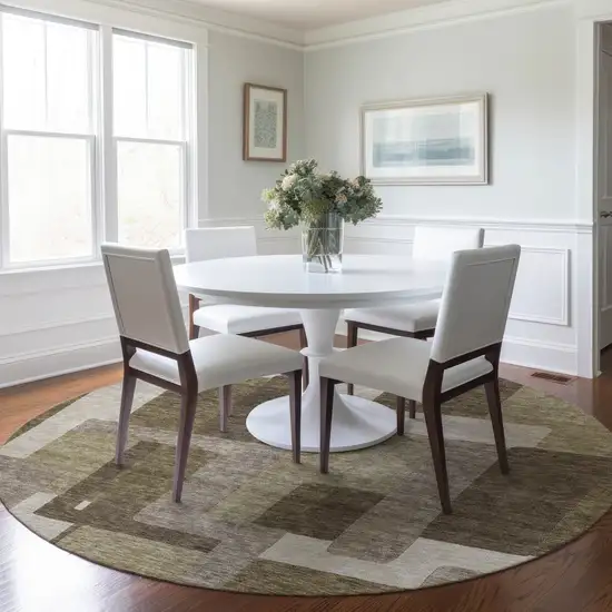 8' Brown And Beige Round Abstract Washable Indoor Outdoor Area Rug Photo 7