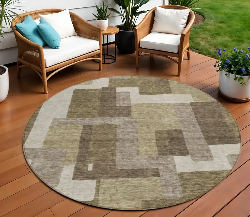 8' Brown And Beige Round Abstract Washable Indoor Outdoor Area Rug Photo 1