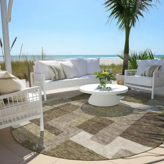 8' Brown And Beige Round Abstract Washable Indoor Outdoor Area Rug Photo 6