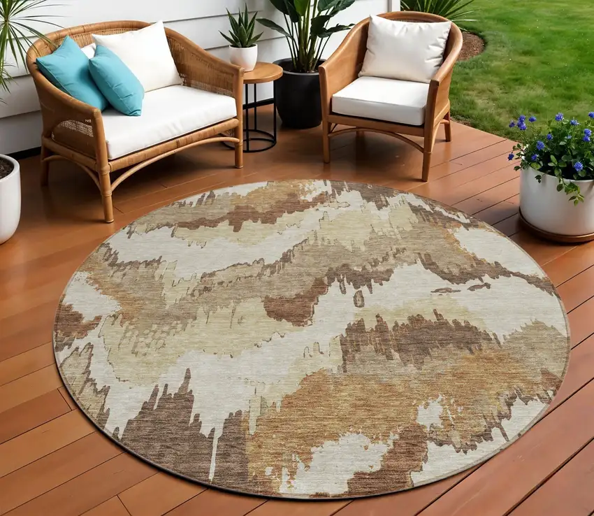 8' Brown And Beige Round Abstract Washable Indoor Outdoor Area Rug Photo 1