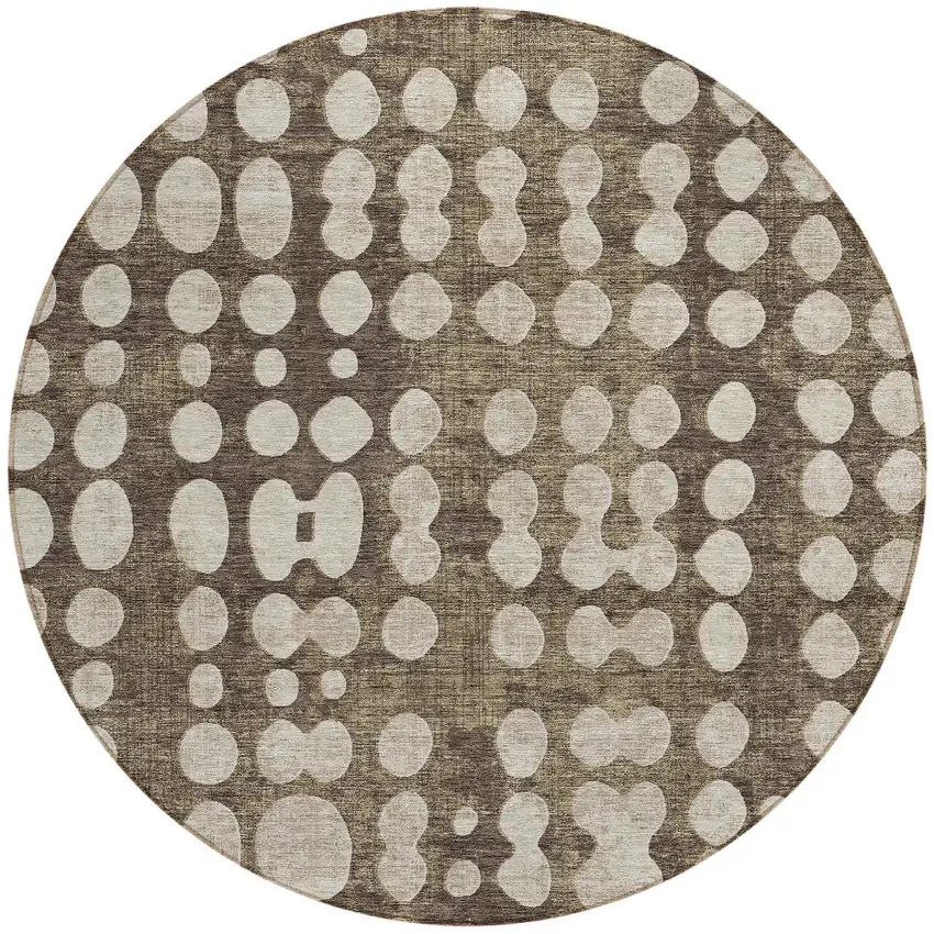 8' Brown And Beige Round Abstract Washable Indoor Outdoor Area Rug Photo 5
