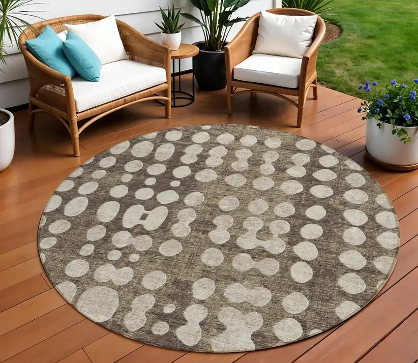 8' Brown And Beige Round Abstract Washable Indoor Outdoor Area Rug Photo 1