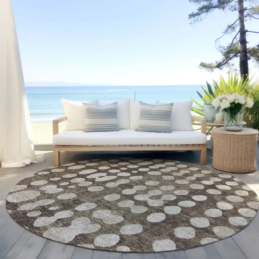8' Brown And Beige Round Abstract Washable Indoor Outdoor Area Rug Photo 6