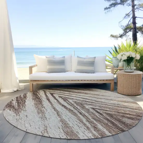 8' Brown And Beige Round Abstract Washable Indoor Outdoor Area Rug Photo 6