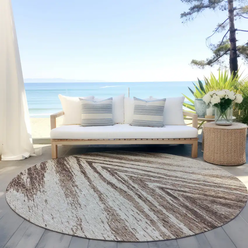 8' Brown And Beige Round Abstract Washable Indoor Outdoor Area Rug Photo 6