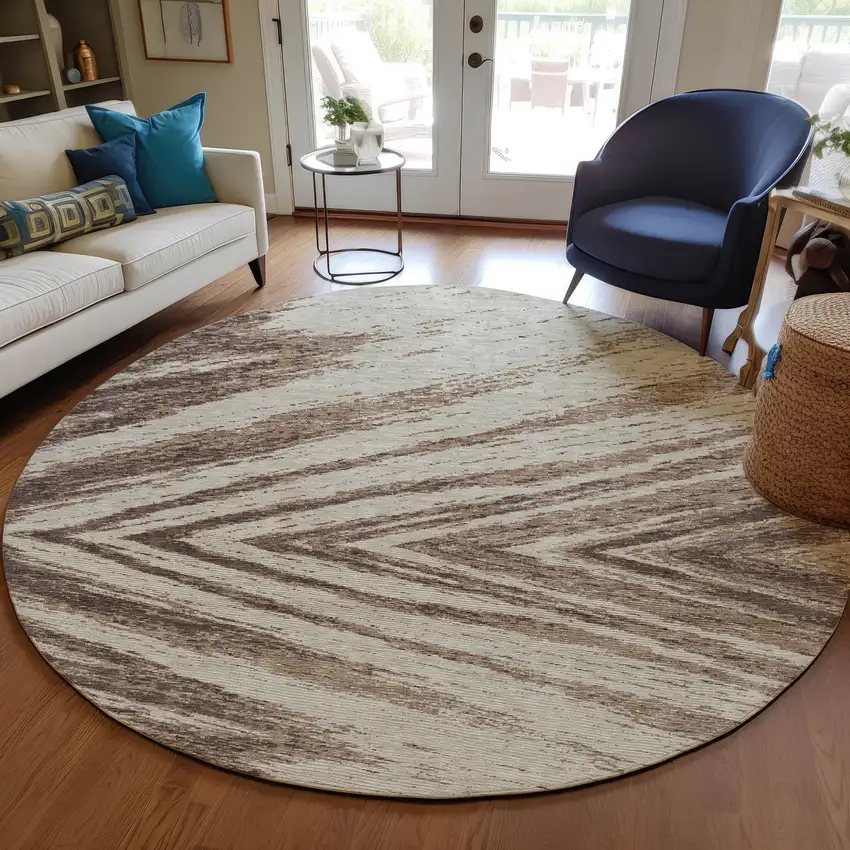 8' Brown And Beige Round Abstract Washable Indoor Outdoor Area Rug Photo 7