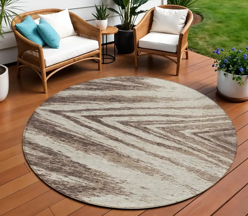8' Brown And Beige Round Abstract Washable Indoor Outdoor Area Rug Photo 1