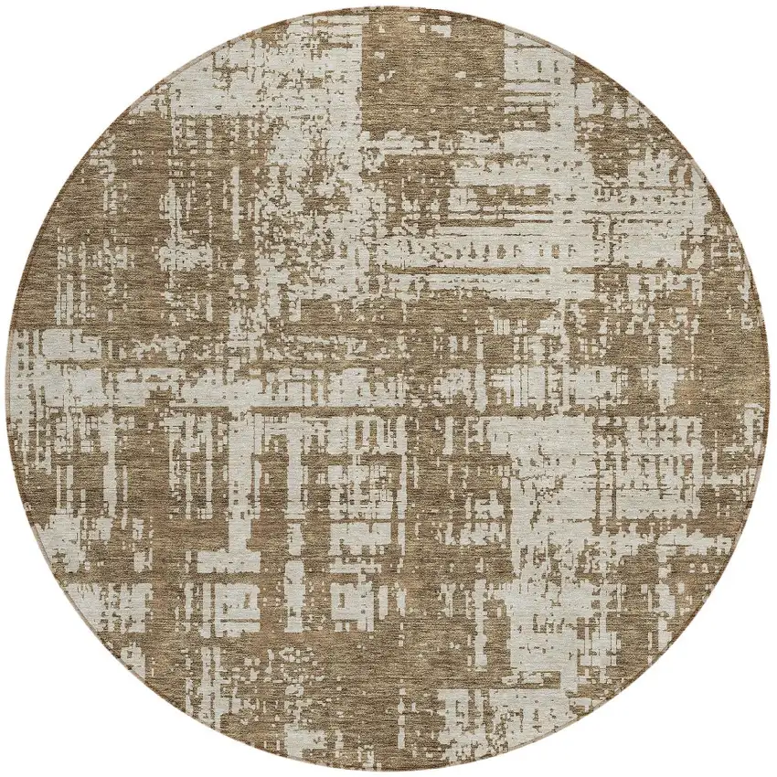8' Brown And Beige Round Abstract Washable Indoor Outdoor Area Rug Photo 5