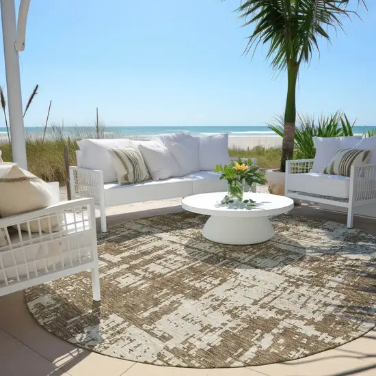 8' Brown And Beige Round Abstract Washable Indoor Outdoor Area Rug Photo 6