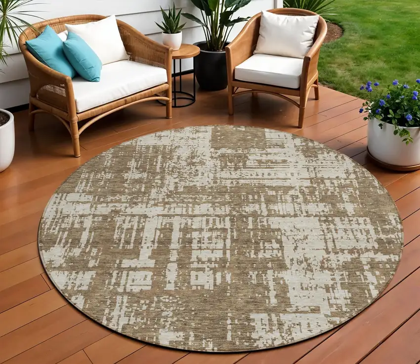8' Brown And Beige Round Abstract Washable Indoor Outdoor Area Rug Photo 1