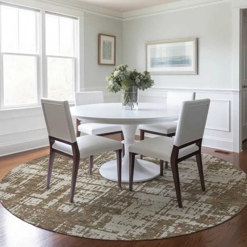 8' Brown And Beige Round Abstract Washable Indoor Outdoor Area Rug Photo 7