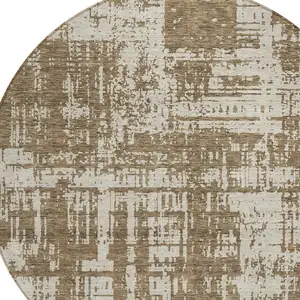 Photo of 8' Brown And Beige Round Abstract Washable Indoor Outdoor Area Rug