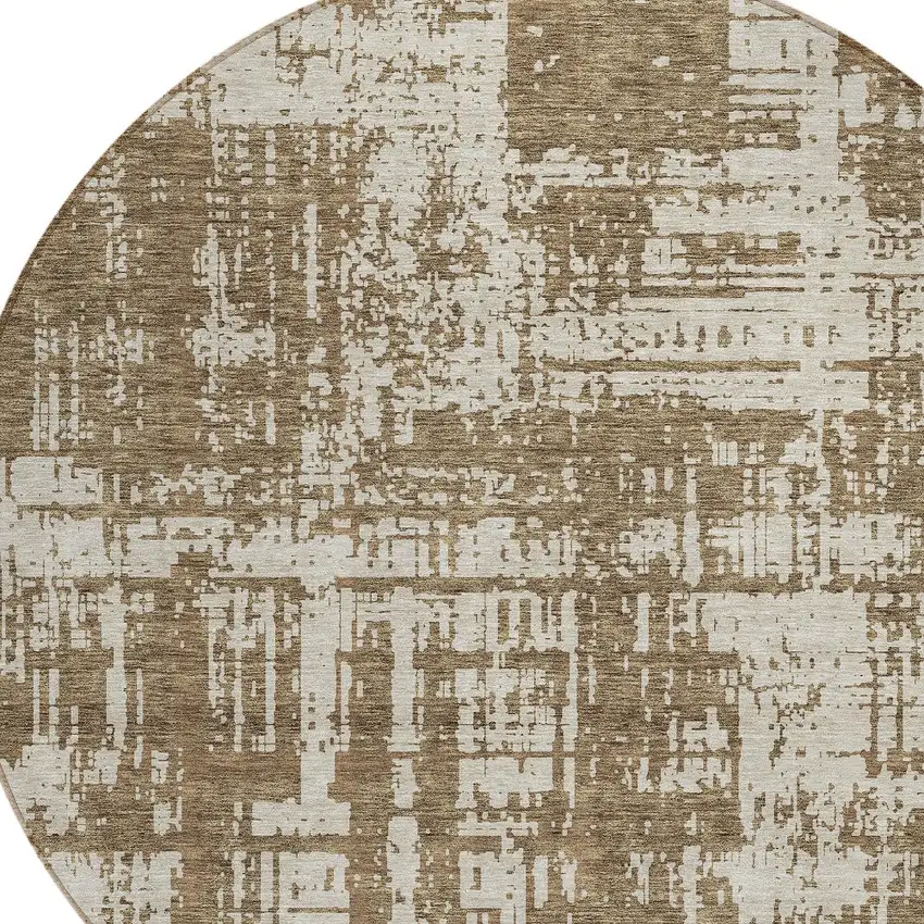 8' Brown And Beige Round Abstract Washable Indoor Outdoor Area Rug Photo 4