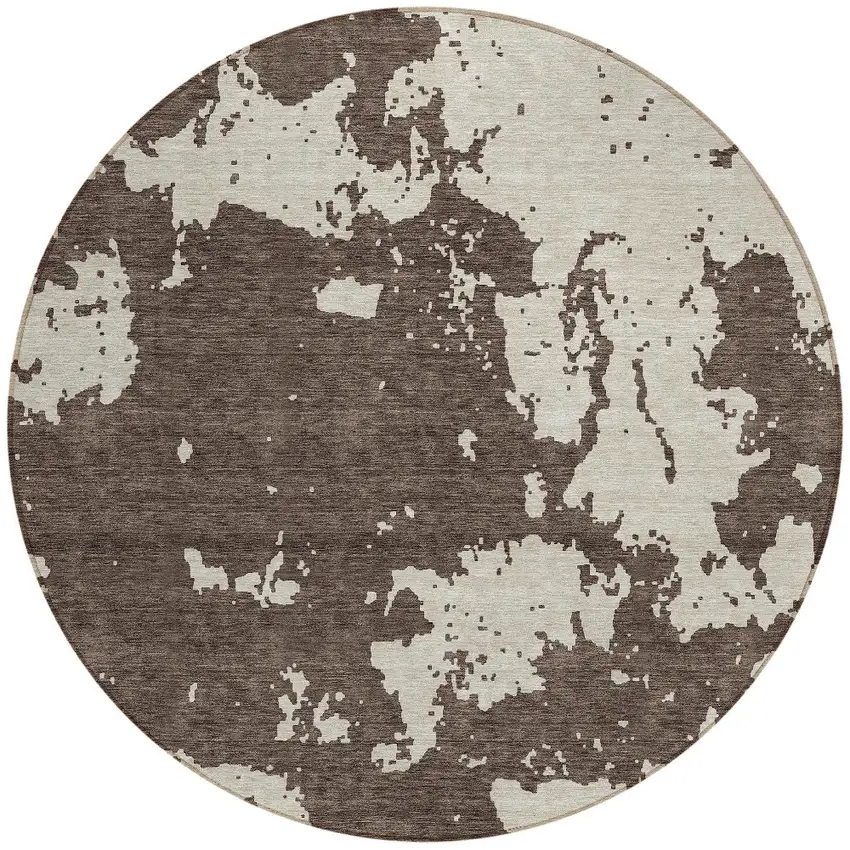 8' Brown And Beige Round Abstract Washable Indoor Outdoor Area Rug Photo 5