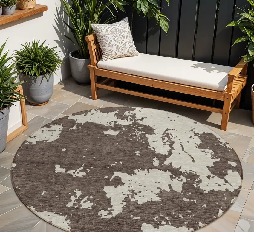 8' Brown And Beige Round Abstract Washable Indoor Outdoor Area Rug Photo 1