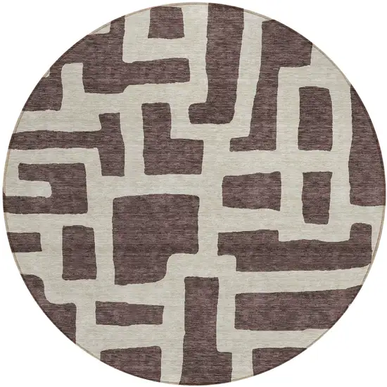 8' Brown And Beige Round Abstract Washable Indoor Outdoor Area Rug Photo 2