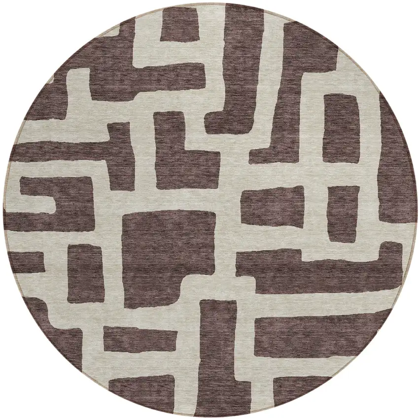 8' Brown And Beige Round Abstract Washable Indoor Outdoor Area Rug Photo 2