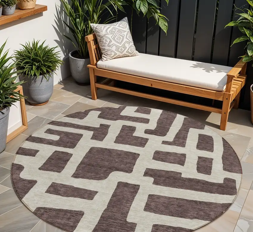 8' Brown And Beige Round Abstract Washable Indoor Outdoor Area Rug Photo 1